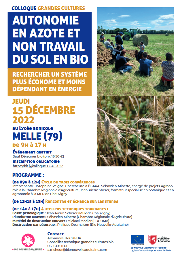 colloque grandes cultures sur les thèmes de lautonomie en azote et la réduction du travail du sol en AB Jeudi 15 décembre au lycée agricole de Melle